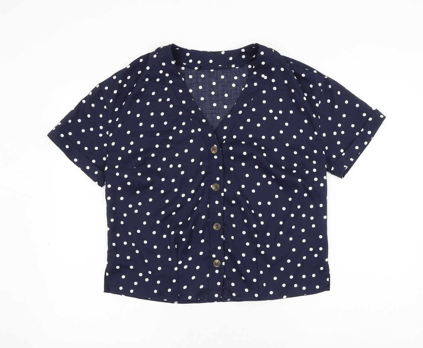 George Womens Blue Polka Dot Polyester Basic Button-Up Size 12 V-Neck