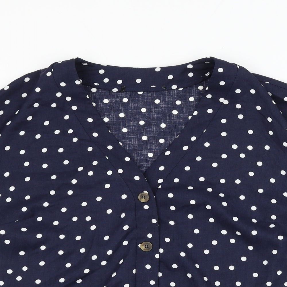 George Womens Blue Polka Dot Polyester Basic Button-Up Size 12 V-Neck