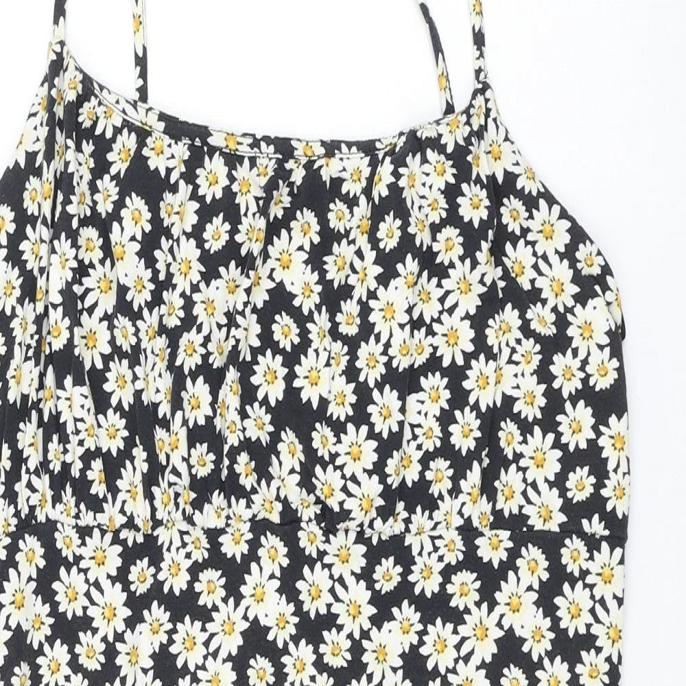 New Look Womens Black Floral Cotton Basic T-Shirt Size 14 Round Neck