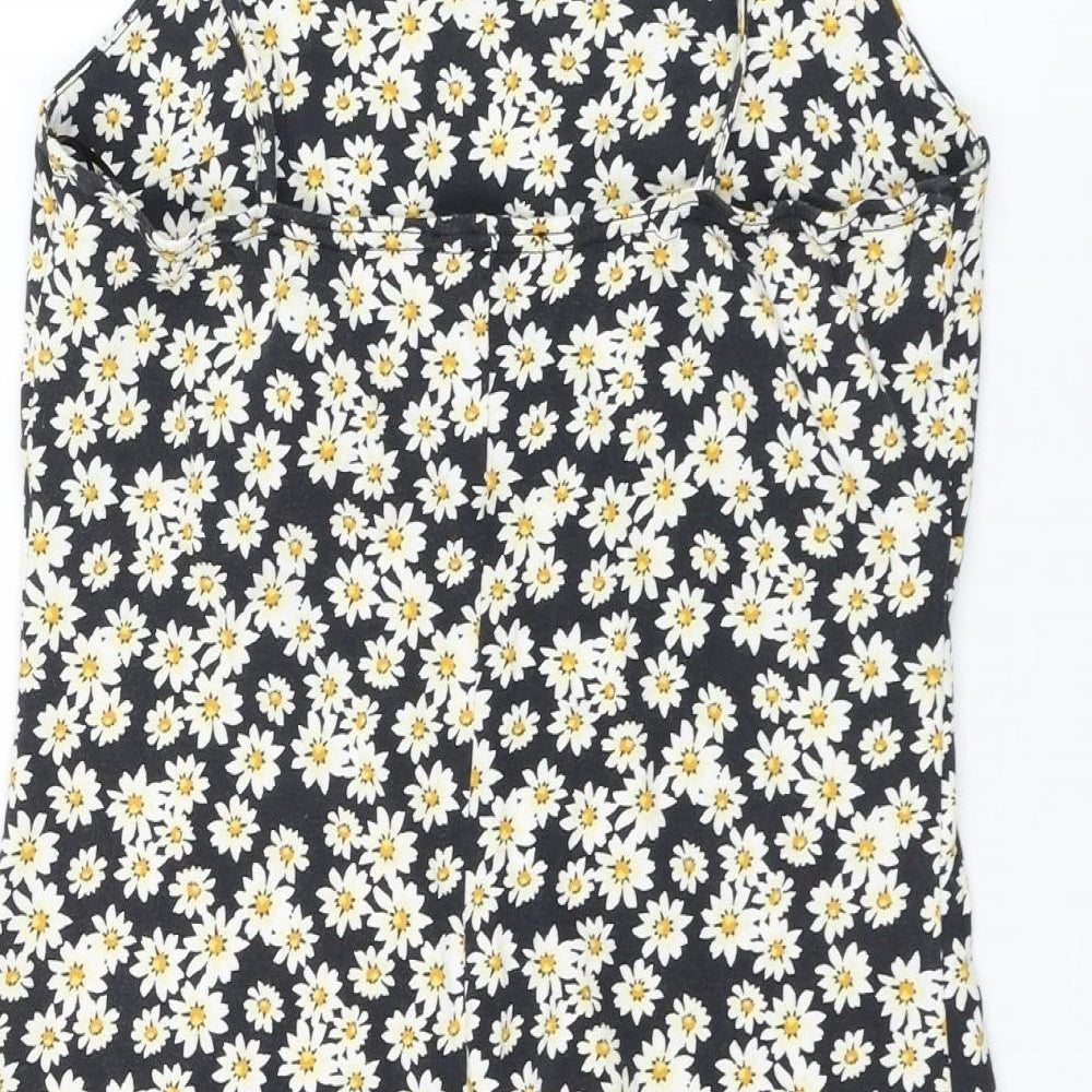 New Look Womens Black Floral Cotton Basic T-Shirt Size 14 Round Neck