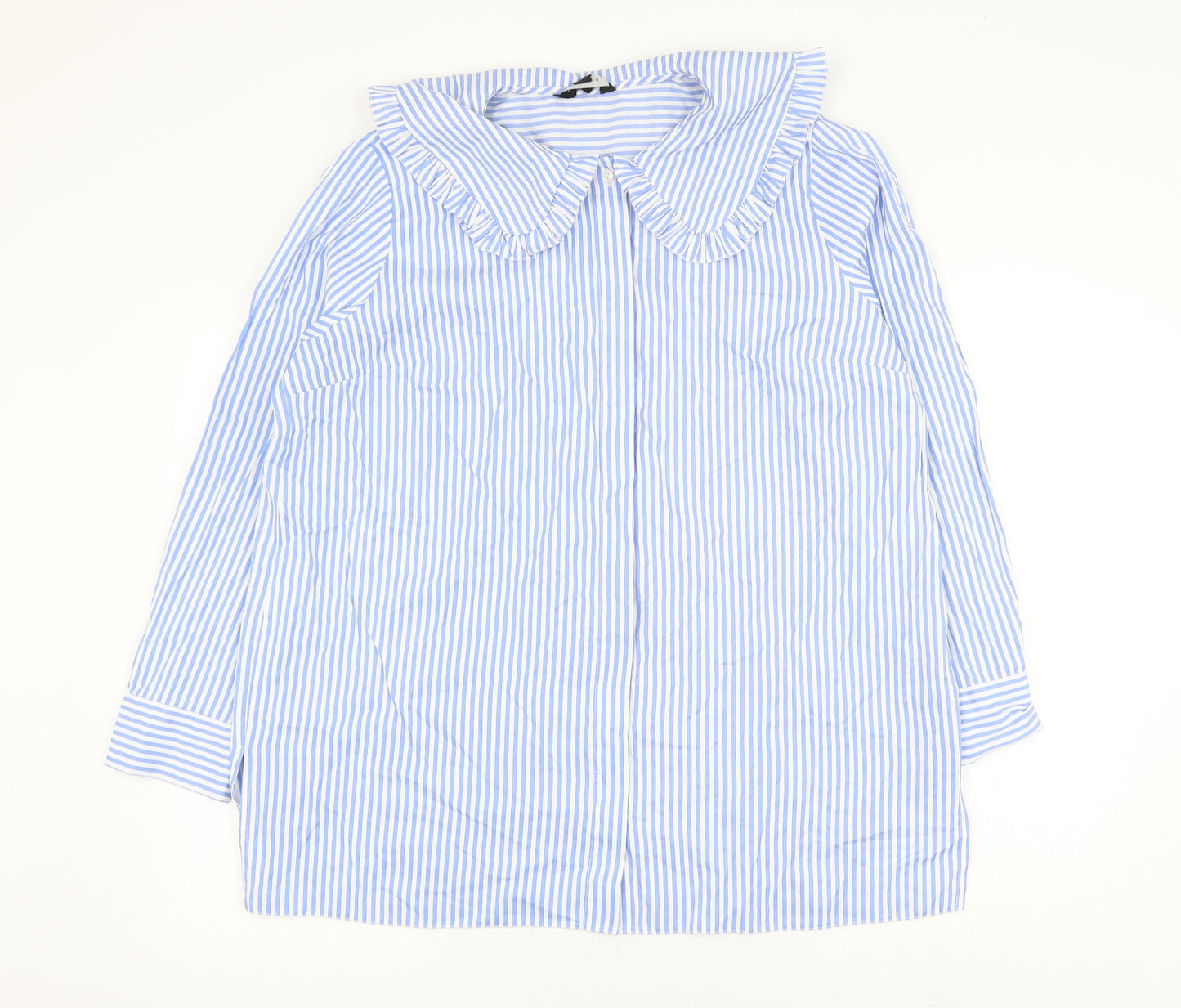 New Look Womens Blue Striped Polyester Basic Button-Up Size 16 Collared
