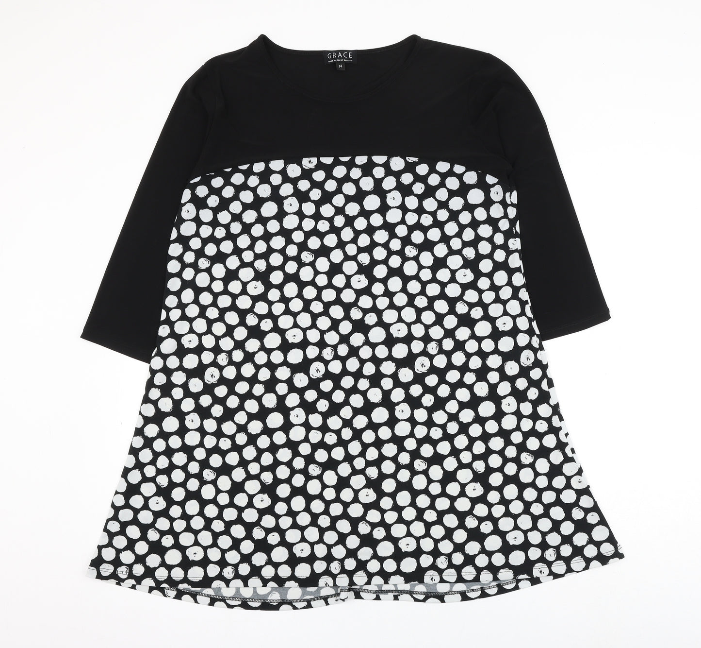 Grace Womens Black Polka Dot Polyester A-Line Size 14 Round Neck Pullover