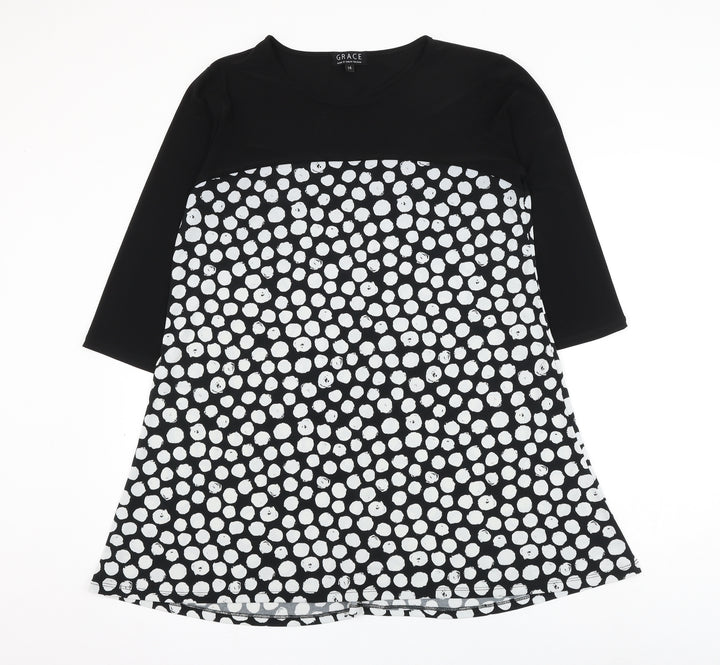 Grace Womens Black Polka Dot Polyester A-Line Size 14 Round Neck Pullover
