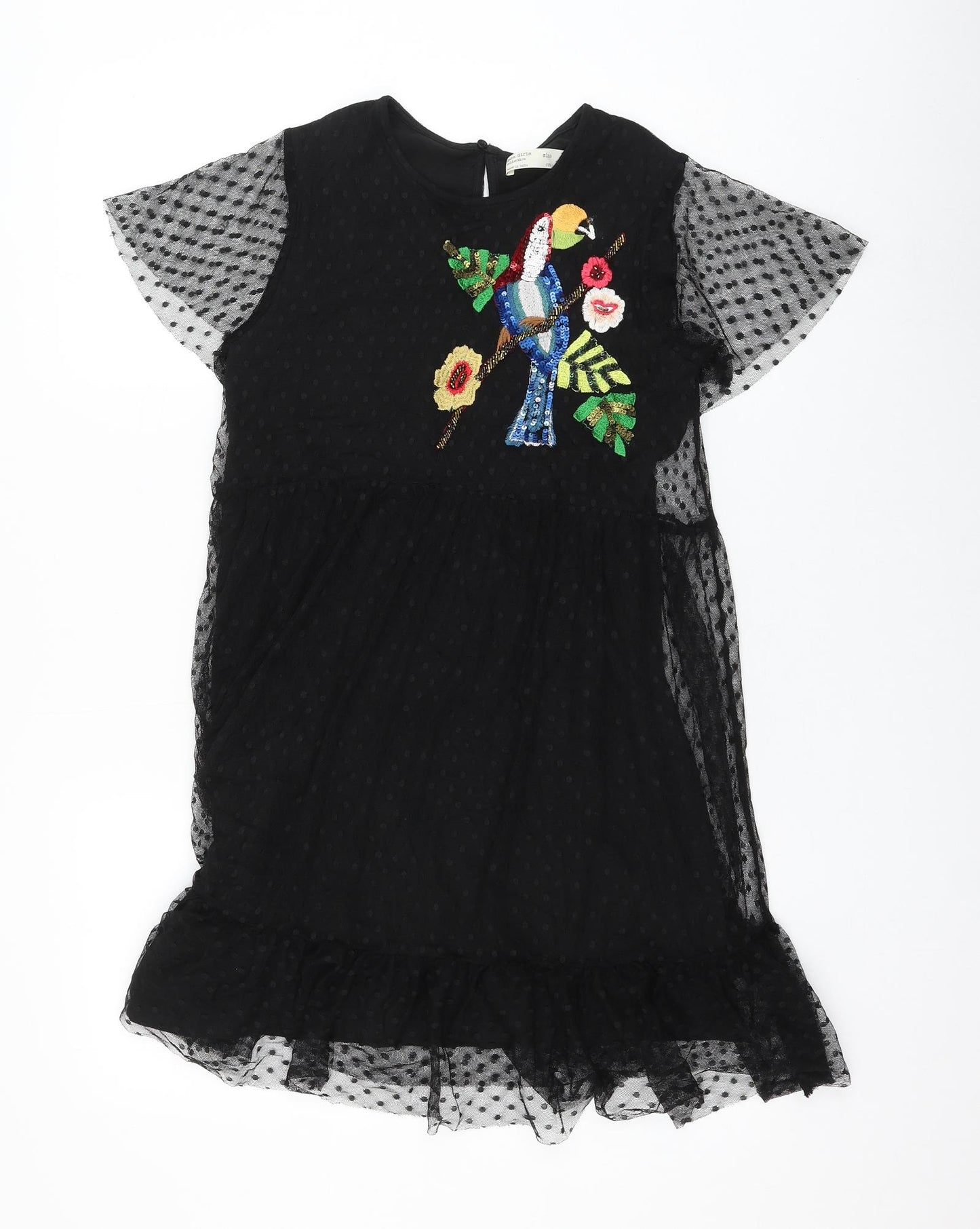 Zara Girls Black Polka Dot Cotton Skater Dress Size 10 Years Round Neck Button - Bird