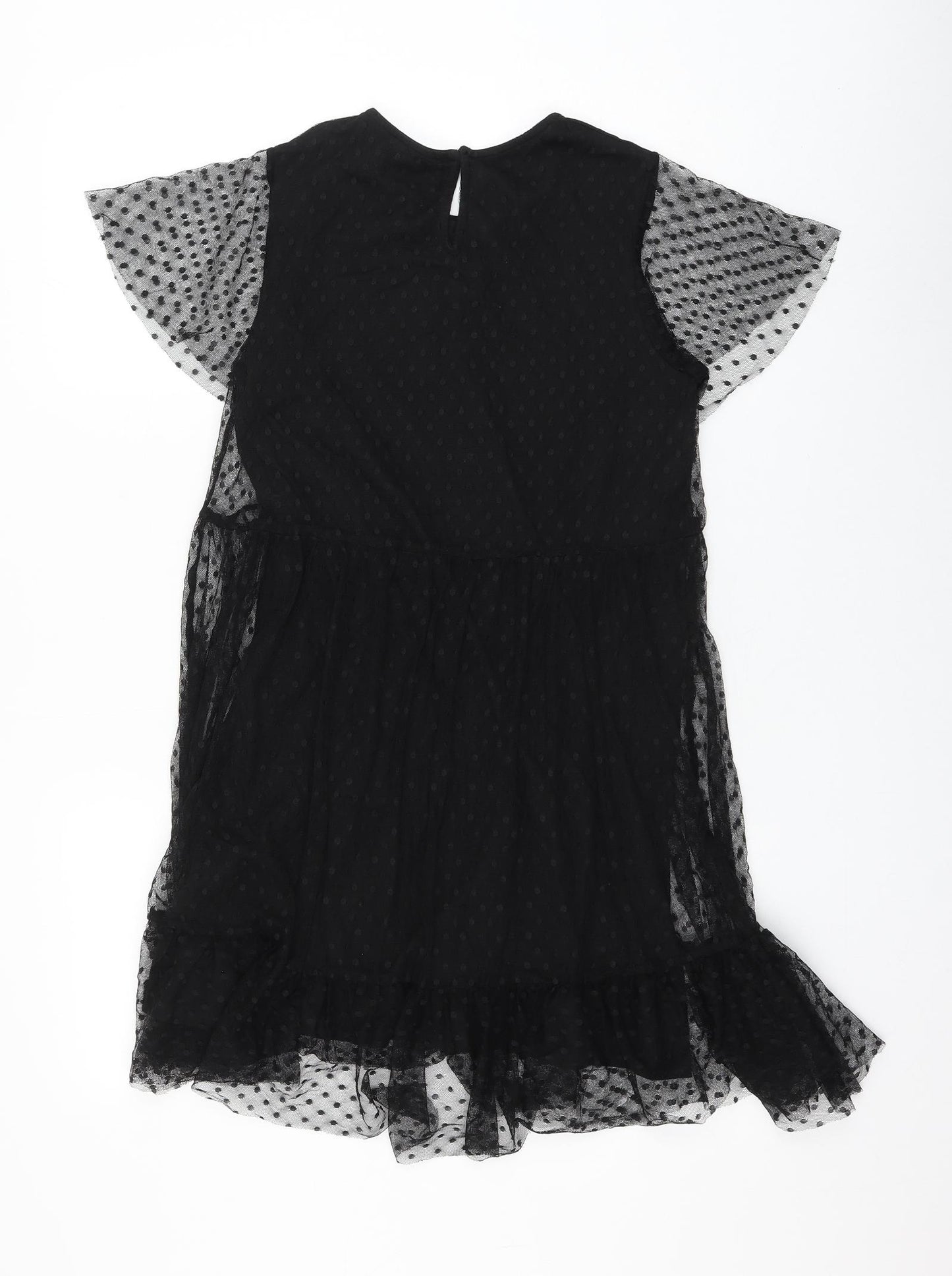 Zara Girls Black Polka Dot Cotton Skater Dress Size 10 Years Round Neck Button - Bird