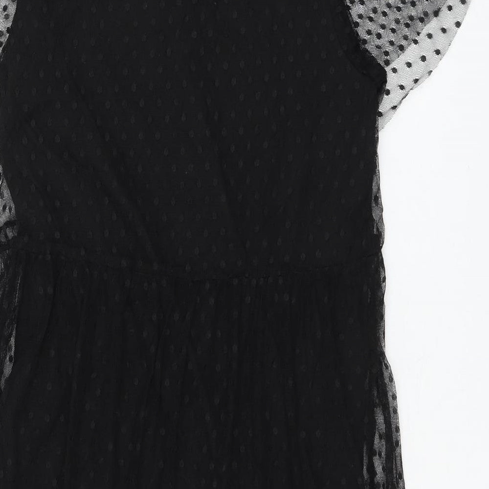 Zara Girls Black Polka Dot Cotton Skater Dress Size 10 Years Round Neck Button - Bird
