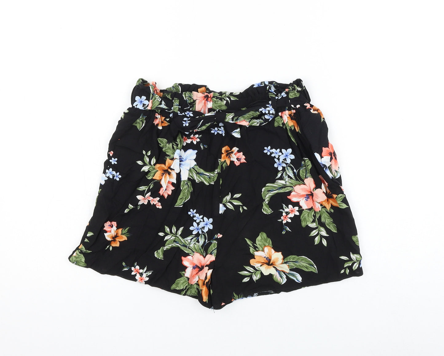 newloo Girls Black Floral Viscose Culotte Shorts Size 13 Years Regular Tie
