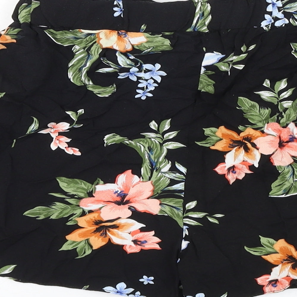 newloo Girls Black Floral Viscose Culotte Shorts Size 13 Years Regular Tie