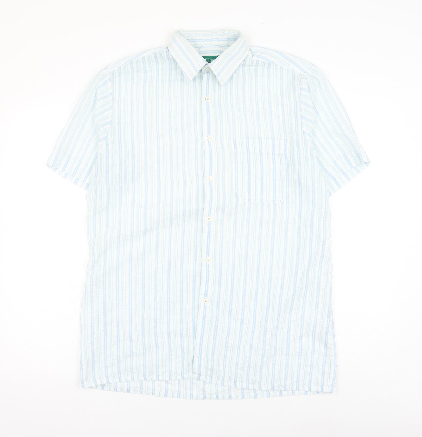 Canada Mens Blue Striped Polyester Button-Up Size 15.5 Collared Button