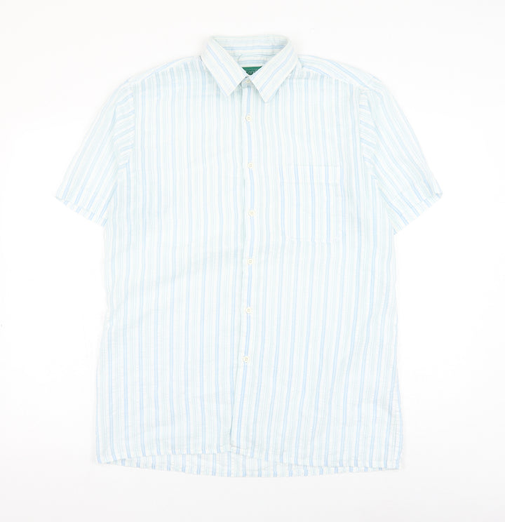 Canada Mens Blue Striped Polyester Button-Up Size 15.5 Collared Button
