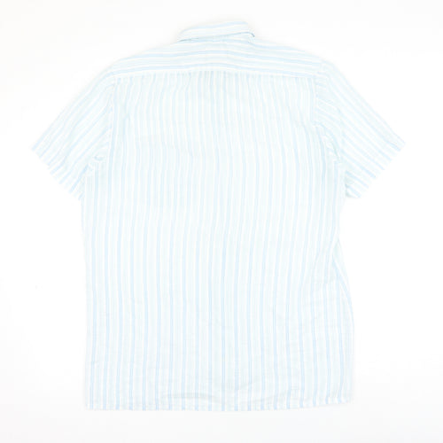 Canada Mens Blue Striped Polyester Button-Up Size 15.5 Collared Button