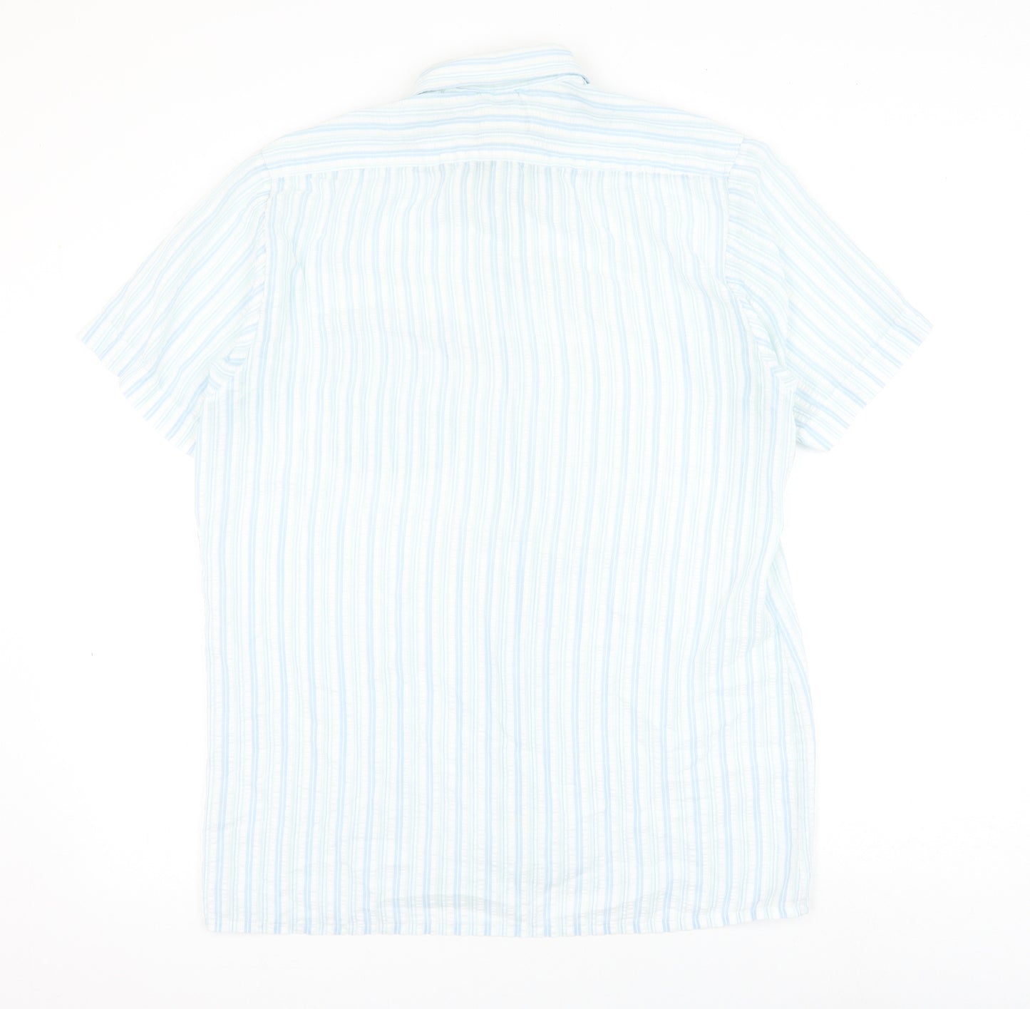 Canada Mens Blue Striped Polyester Button-Up Size 15.5 Collared Button