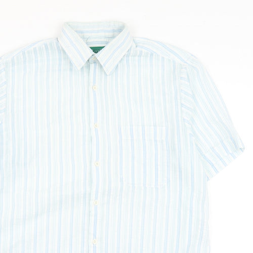 Canada Mens Blue Striped Polyester Button-Up Size 15.5 Collared Button
