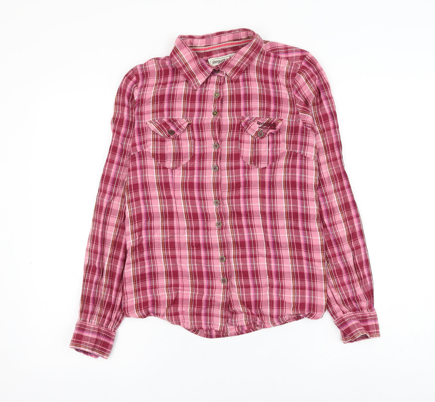 Regatta Womens Pink Plaid Cotton Basic Button-Up Size 12 Collared