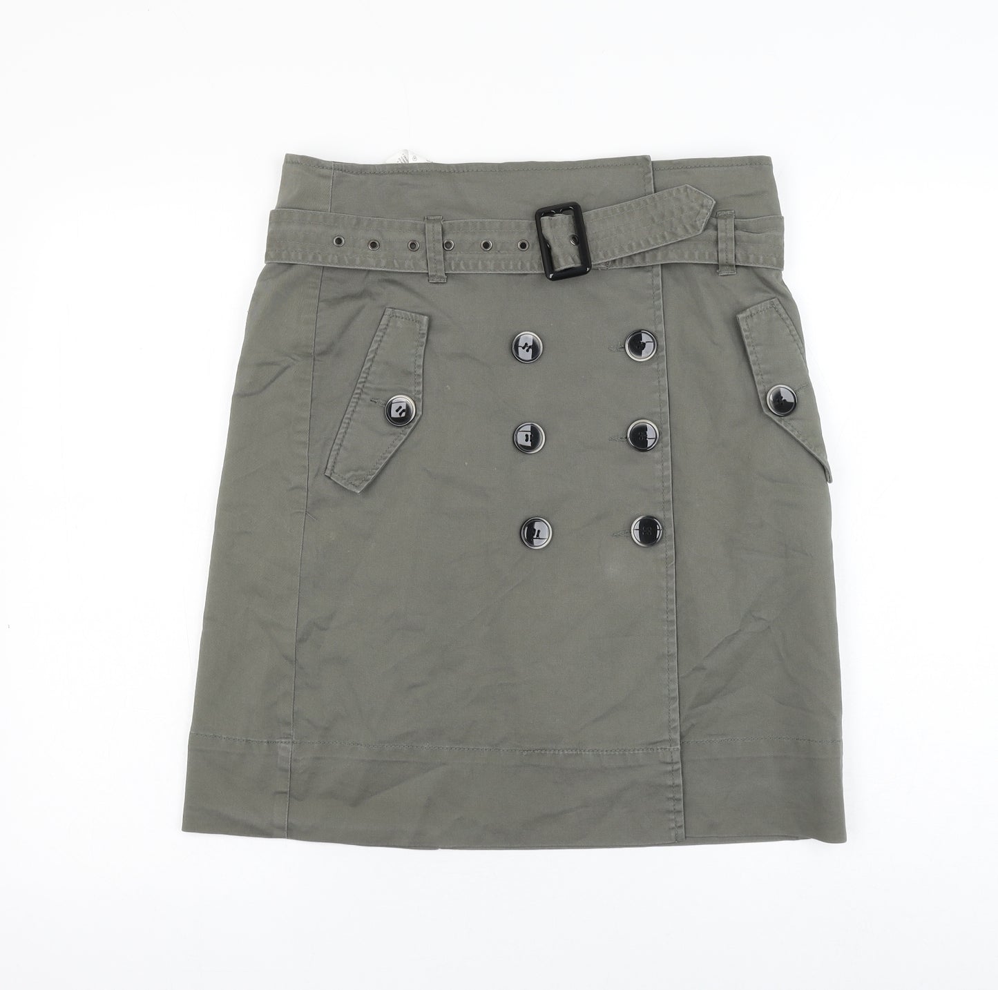 United Colors of Benetton Womens Green Cotton A-Line Skirt Size 14 Button
