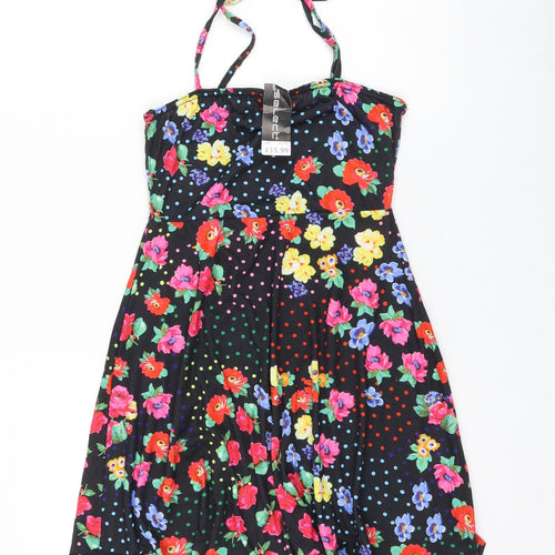 Select Womens Black Floral Polyester Skater Dress Size 6 Square Neck Tie