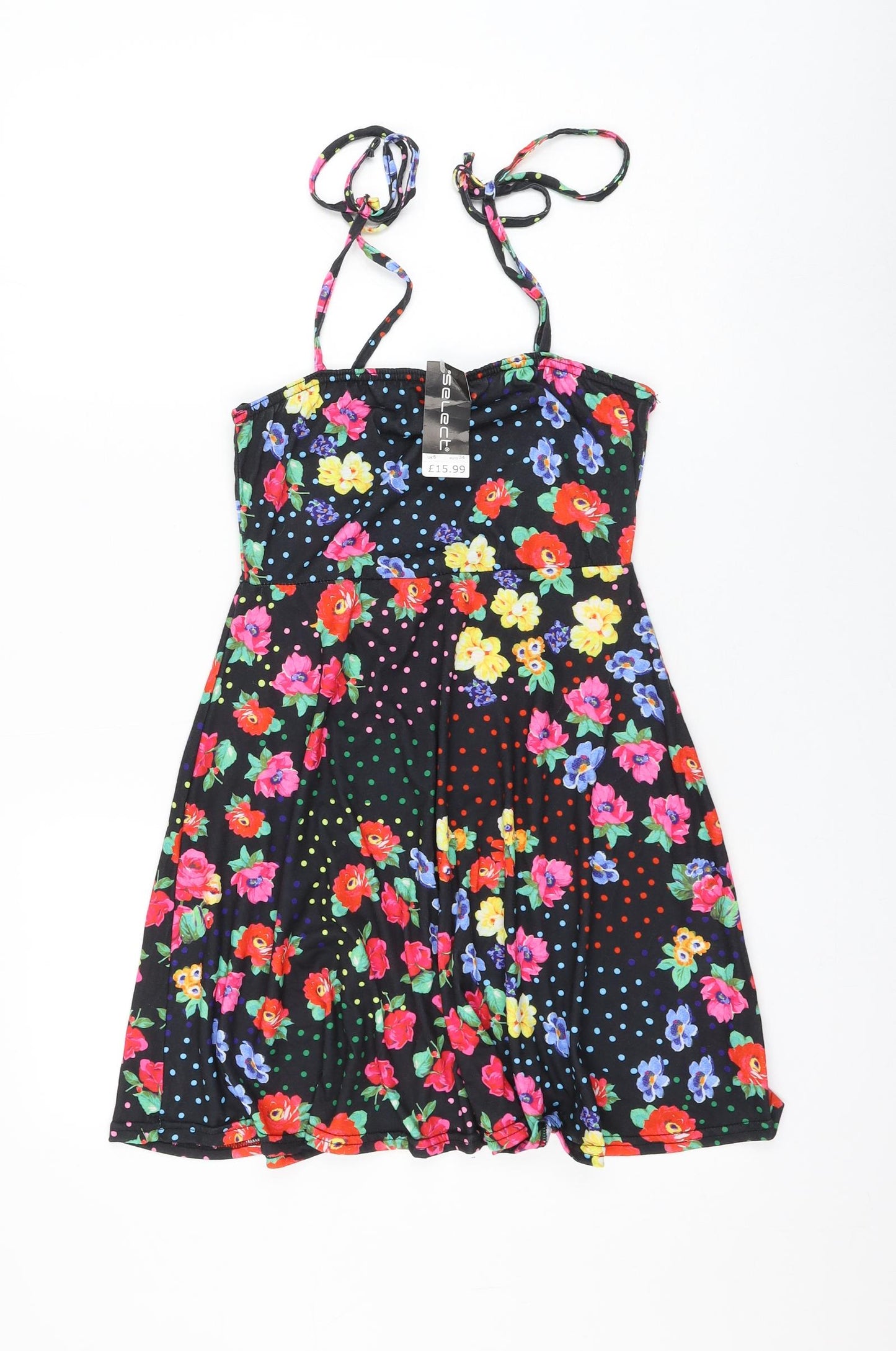 Select Womens Black Floral Polyester Skater Dress Size 6 Square Neck Tie