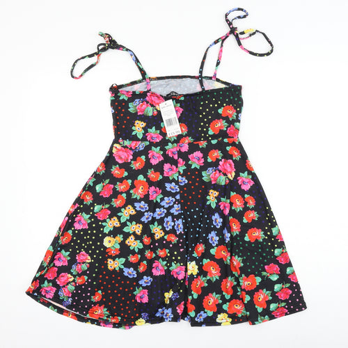 Select Womens Black Floral Polyester Skater Dress Size 6 Square Neck Tie