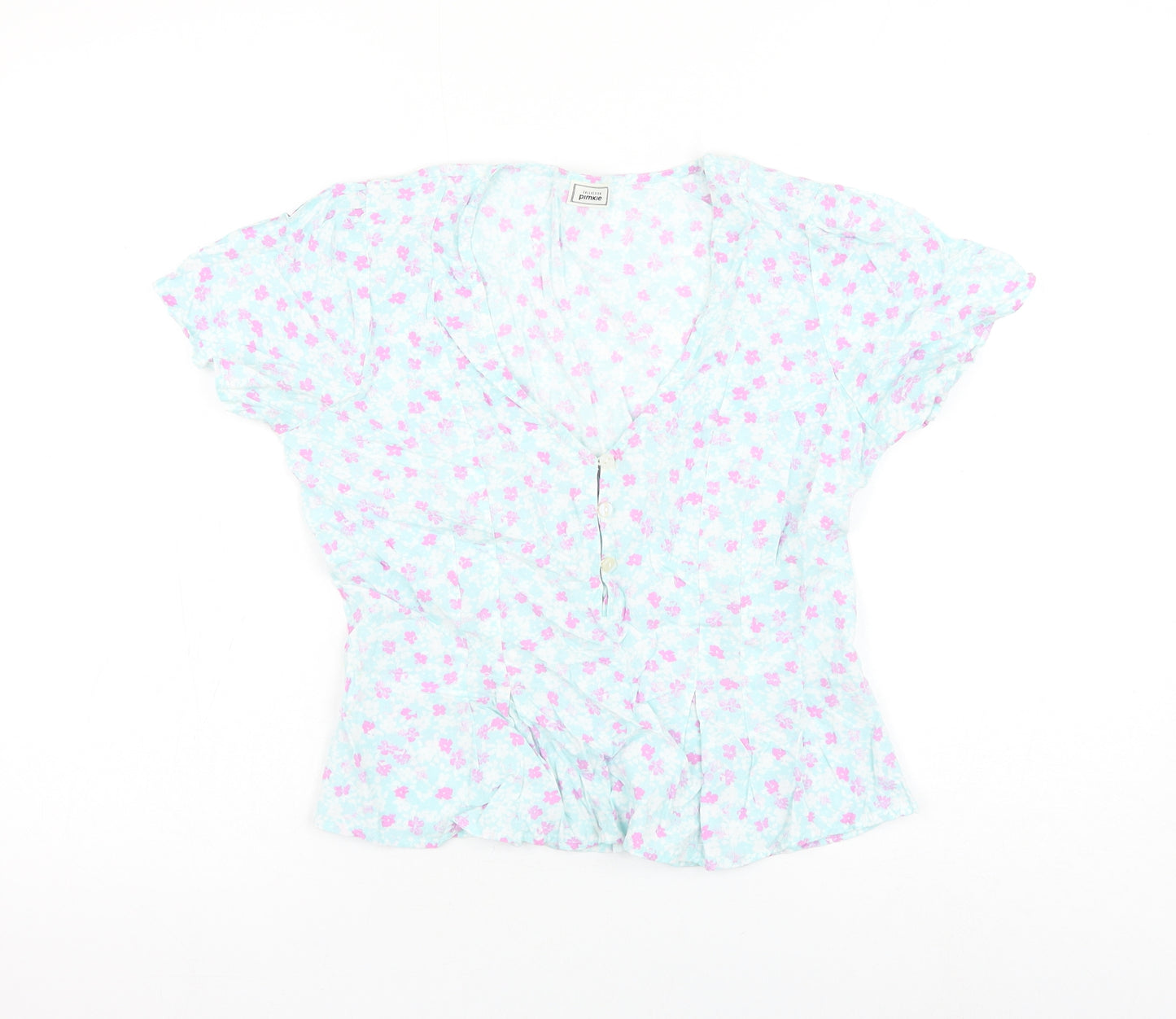 Pimkie Womens Blue Floral Viscose Basic Blouse Size 8 V-Neck
