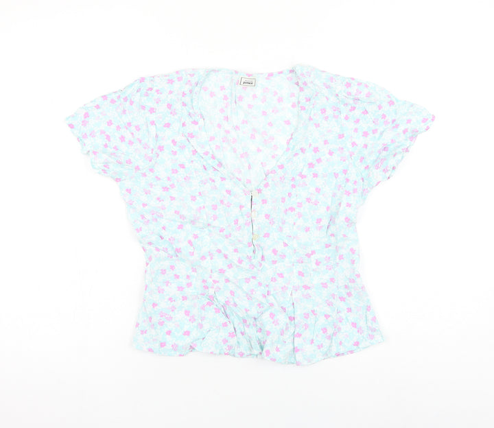 Pimkie Womens Blue Floral Viscose Basic Blouse Size 8 V-Neck