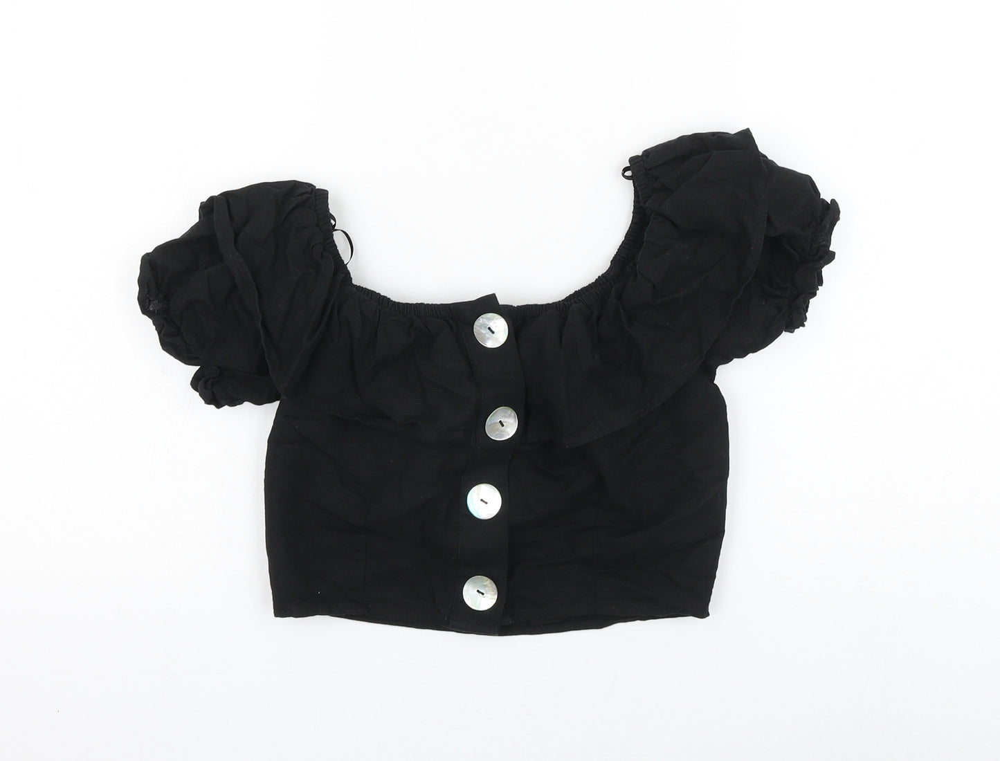 Topshop Womens Black Cotton Cropped Blouse Size 6 Round Neck