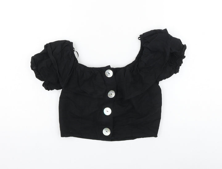 Topshop Womens Black Cotton Cropped Blouse Size 6 Round Neck