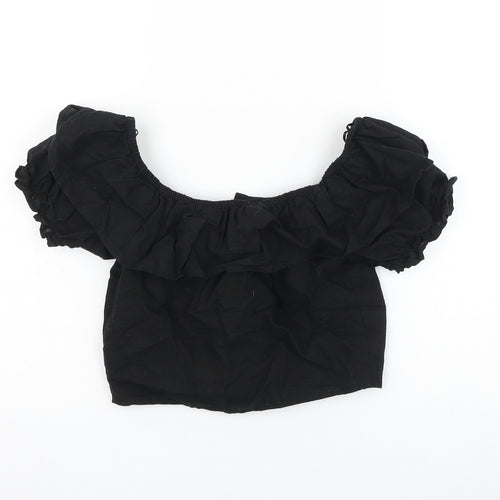Topshop Womens Black Cotton Cropped Blouse Size 6 Round Neck