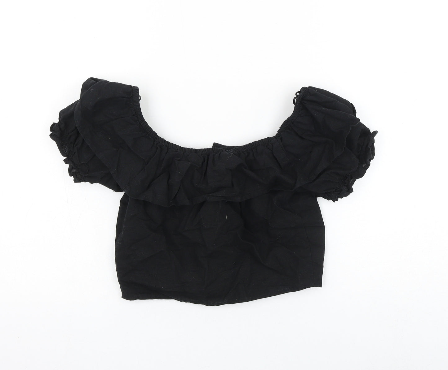 Topshop Womens Black Cotton Cropped Blouse Size 6 Round Neck