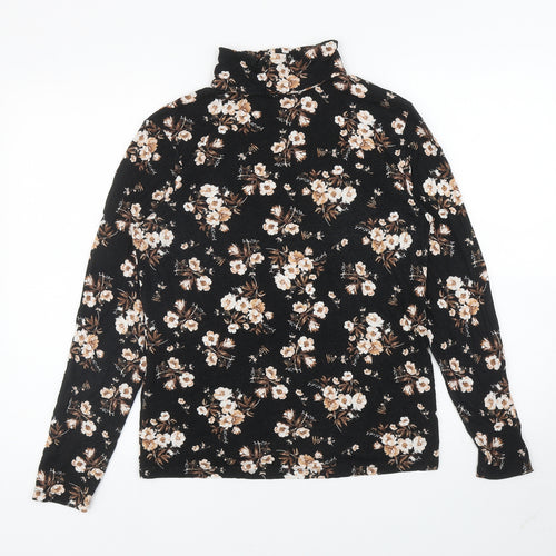 Dorothy Perkins Womens Black Floral Viscose Basic T-Shirt Size 16 Roll Neck