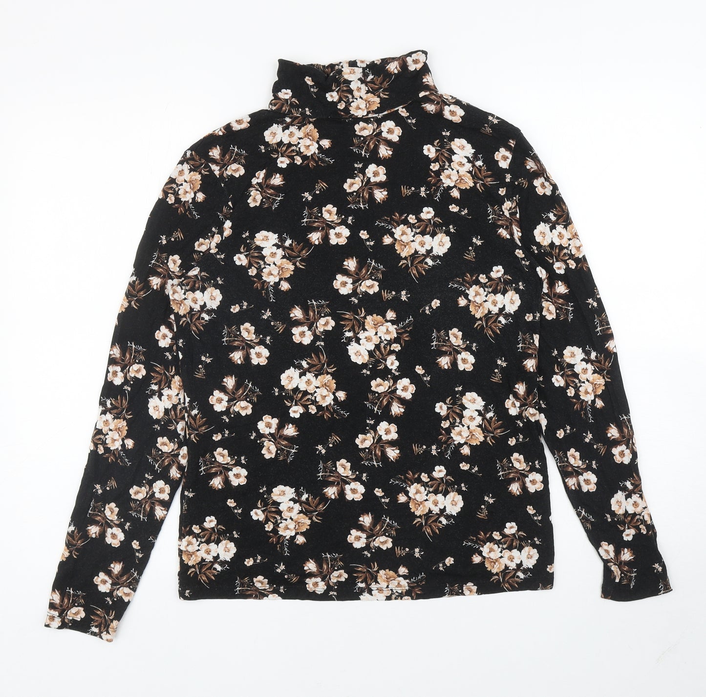 Dorothy Perkins Womens Black Floral Viscose Basic T-Shirt Size 16 Roll Neck