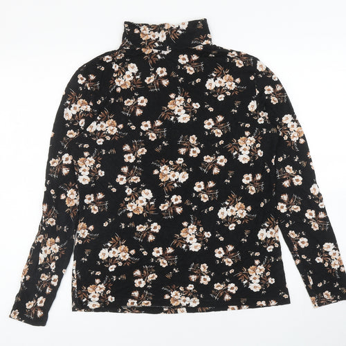 Dorothy Perkins Womens Black Floral Viscose Basic T-Shirt Size 16 Roll Neck