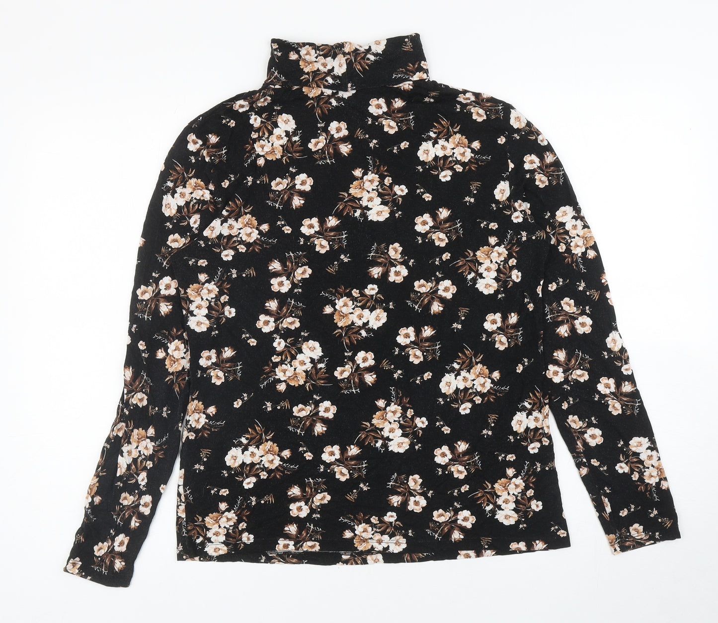 Dorothy Perkins Womens Black Floral Viscose Basic T-Shirt Size 16 Roll Neck