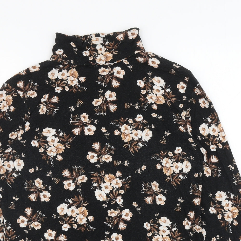 Dorothy Perkins Womens Black Floral Viscose Basic T-Shirt Size 16 Roll Neck