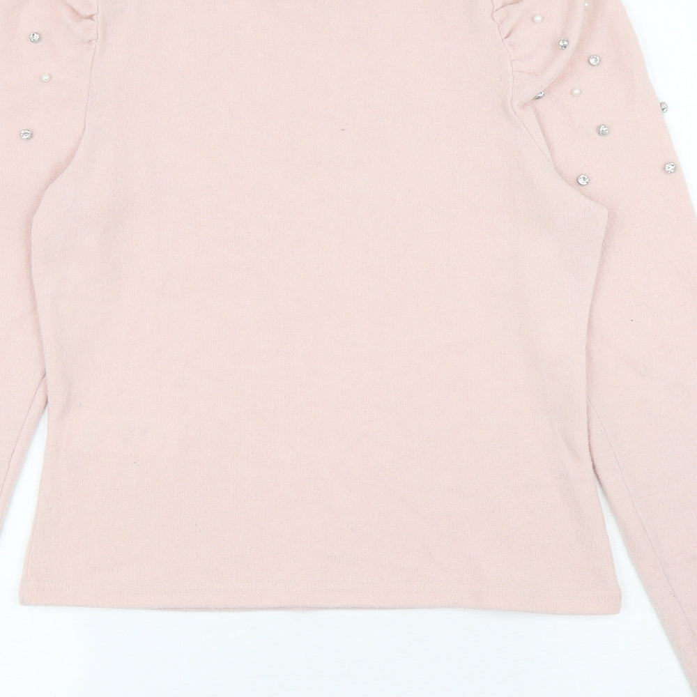 New Look Womens Pink Round Neck Polyester Pullover Jumper Size 10 - Ruched Detail