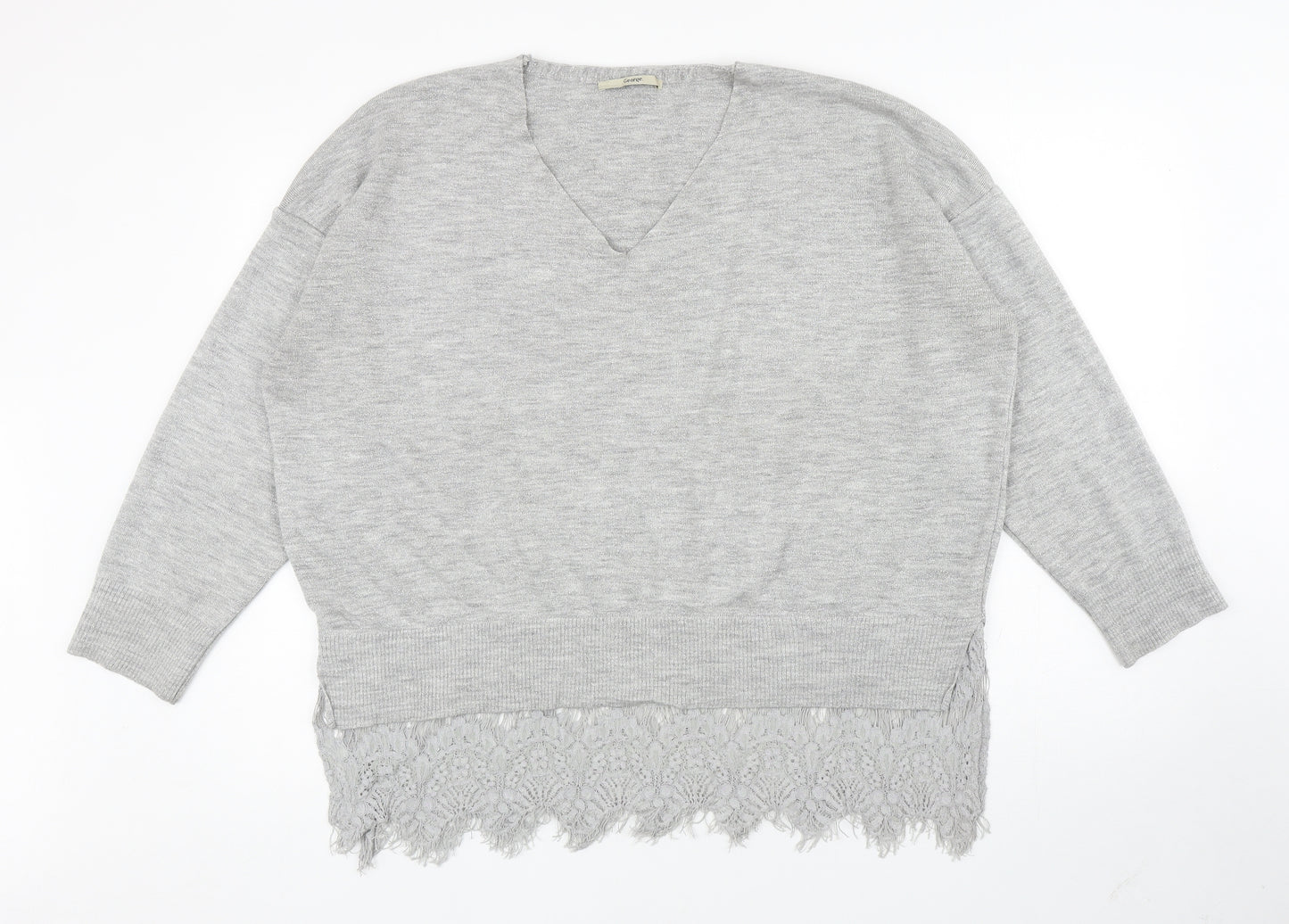 George Womens Silver V-Neck Acrylic Pullover Jumper Size 20 - Lace Trim