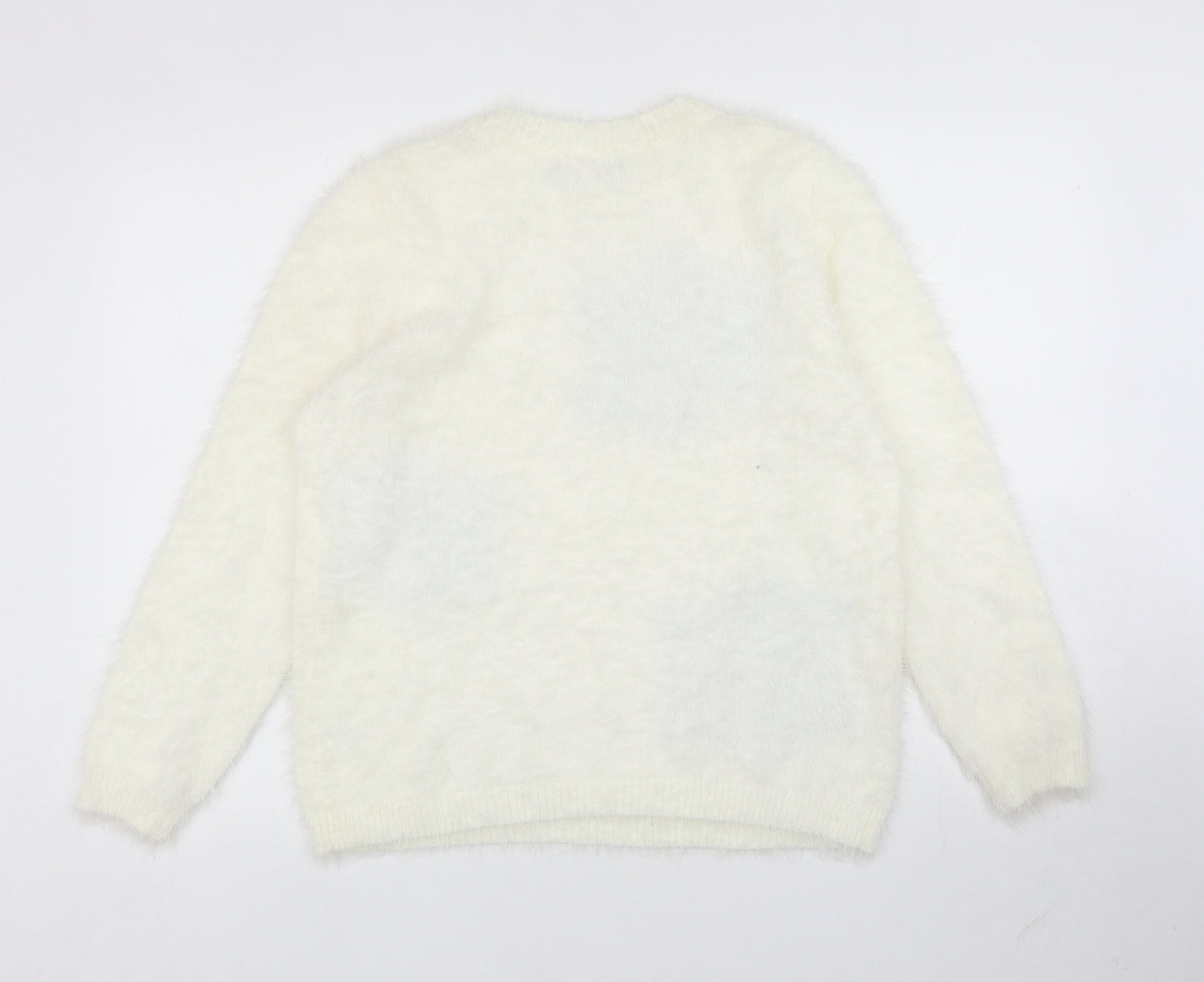 Bonmarché Womens Ivory Round Neck Nylon Pullover Jumper Size M - Snowflakes