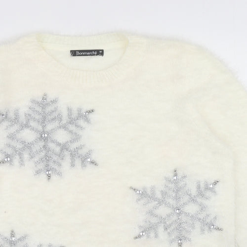 Bonmarché Womens Ivory Round Neck Nylon Pullover Jumper Size M - Snowflakes