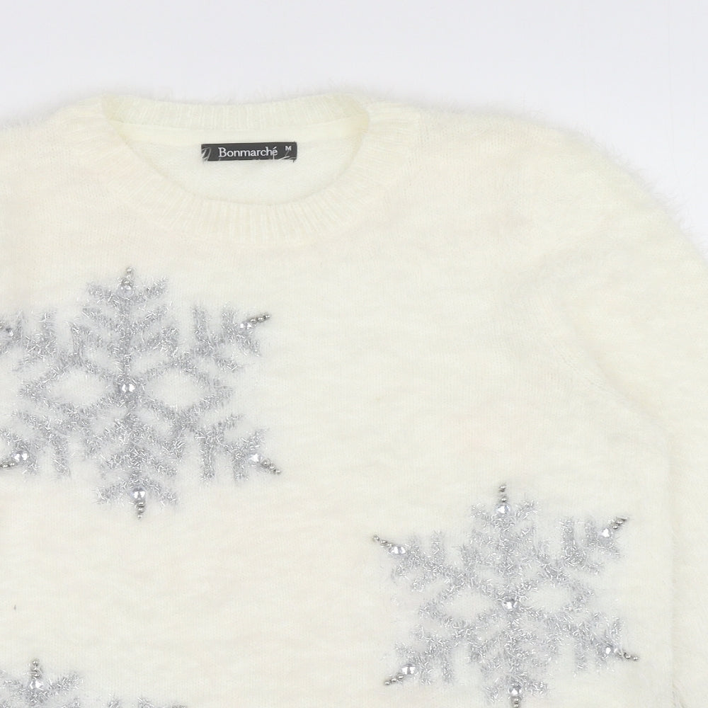 Bonmarché Womens Ivory Round Neck Nylon Pullover Jumper Size M - Snowflakes