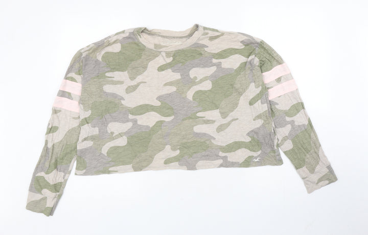 Hollister Womens Green Camouflage 100% Cotton Cropped T-Shirt Size XS Round Neck