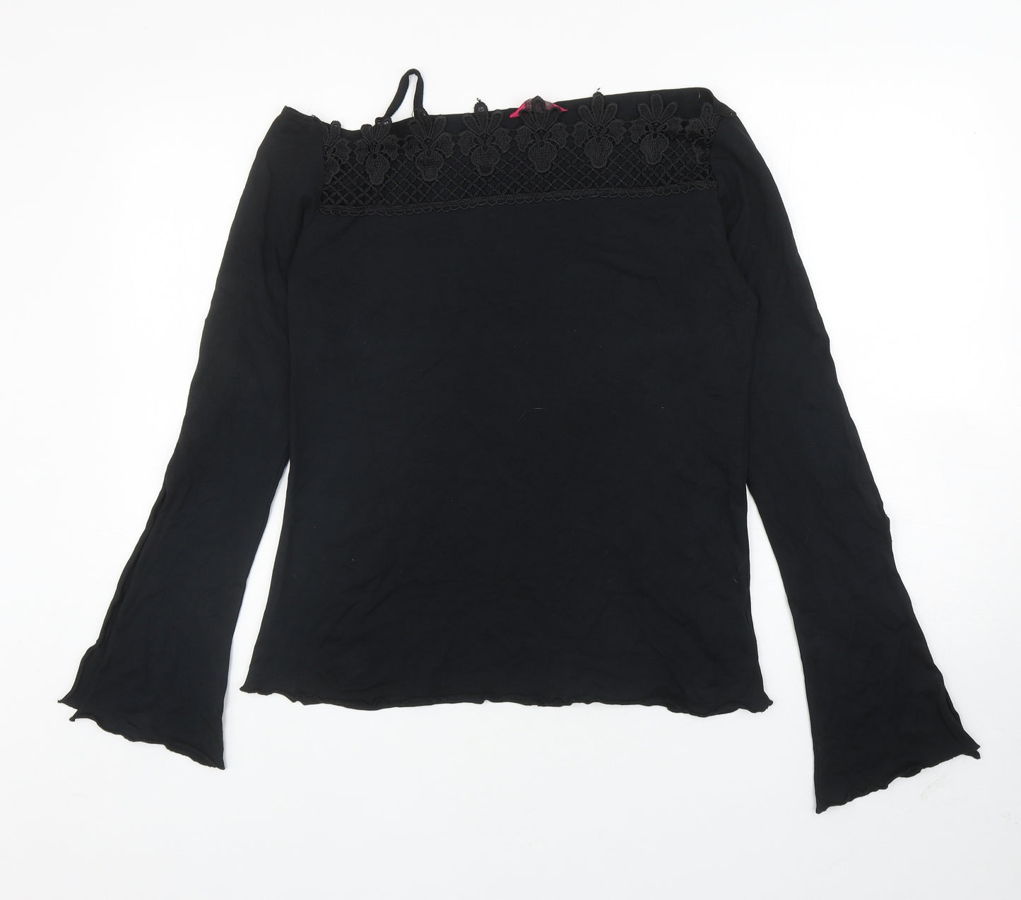 For Women Womens Black Viscose Basic T-Shirt Size 16 Off the Shoulder - Lace Trim, Slit in sleeves