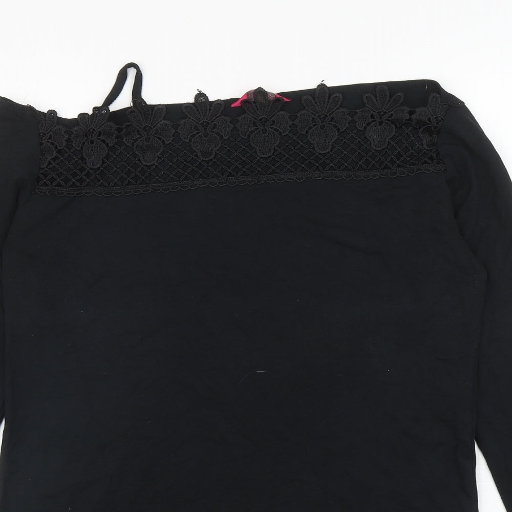 For Women Womens Black Viscose Basic T-Shirt Size 16 Off the Shoulder - Lace Trim, Slit in sleeves