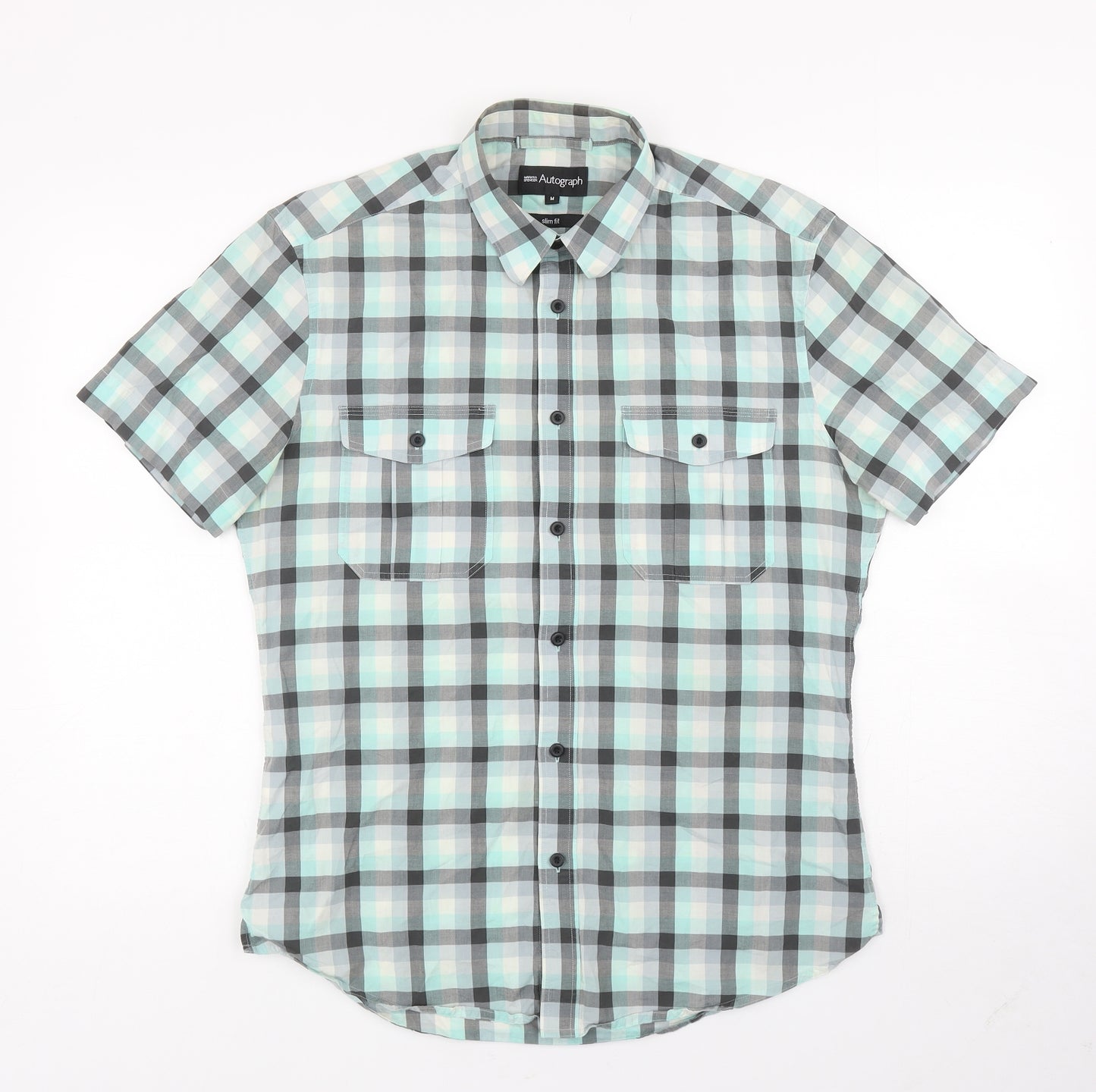 Marks and Spencer Mens Multicoloured Plaid Cotton Button-Up Size M Collared Button