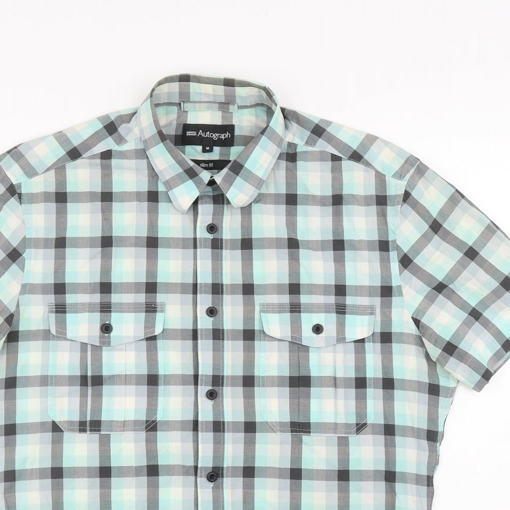 Marks and Spencer Mens Multicoloured Plaid Cotton Button-Up Size M Collared Button