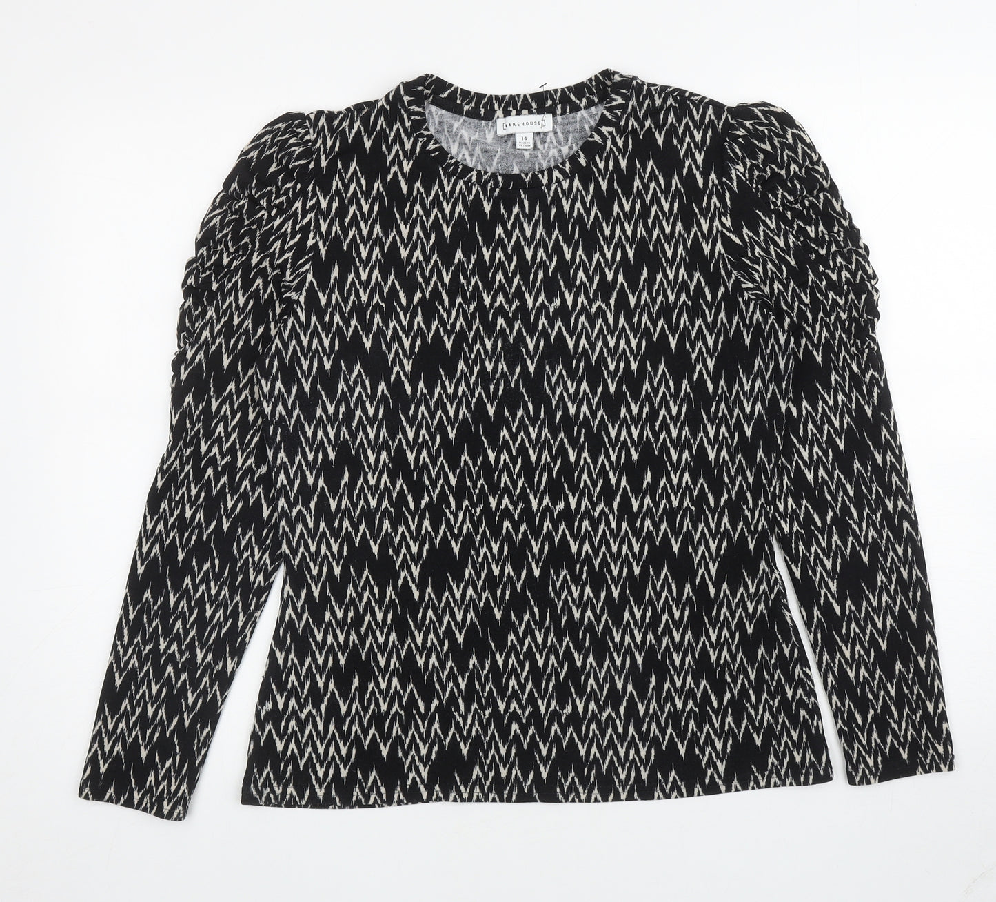 Warehouse Womens Black Round Neck Geometric Polyester Pullover Jumper Size 14
