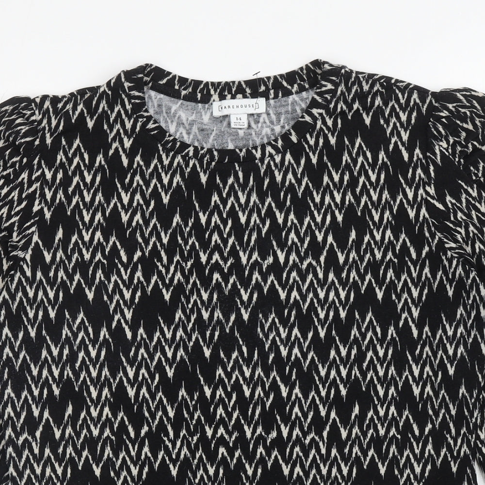 Warehouse Womens Black Round Neck Geometric Polyester Pullover Jumper Size 14