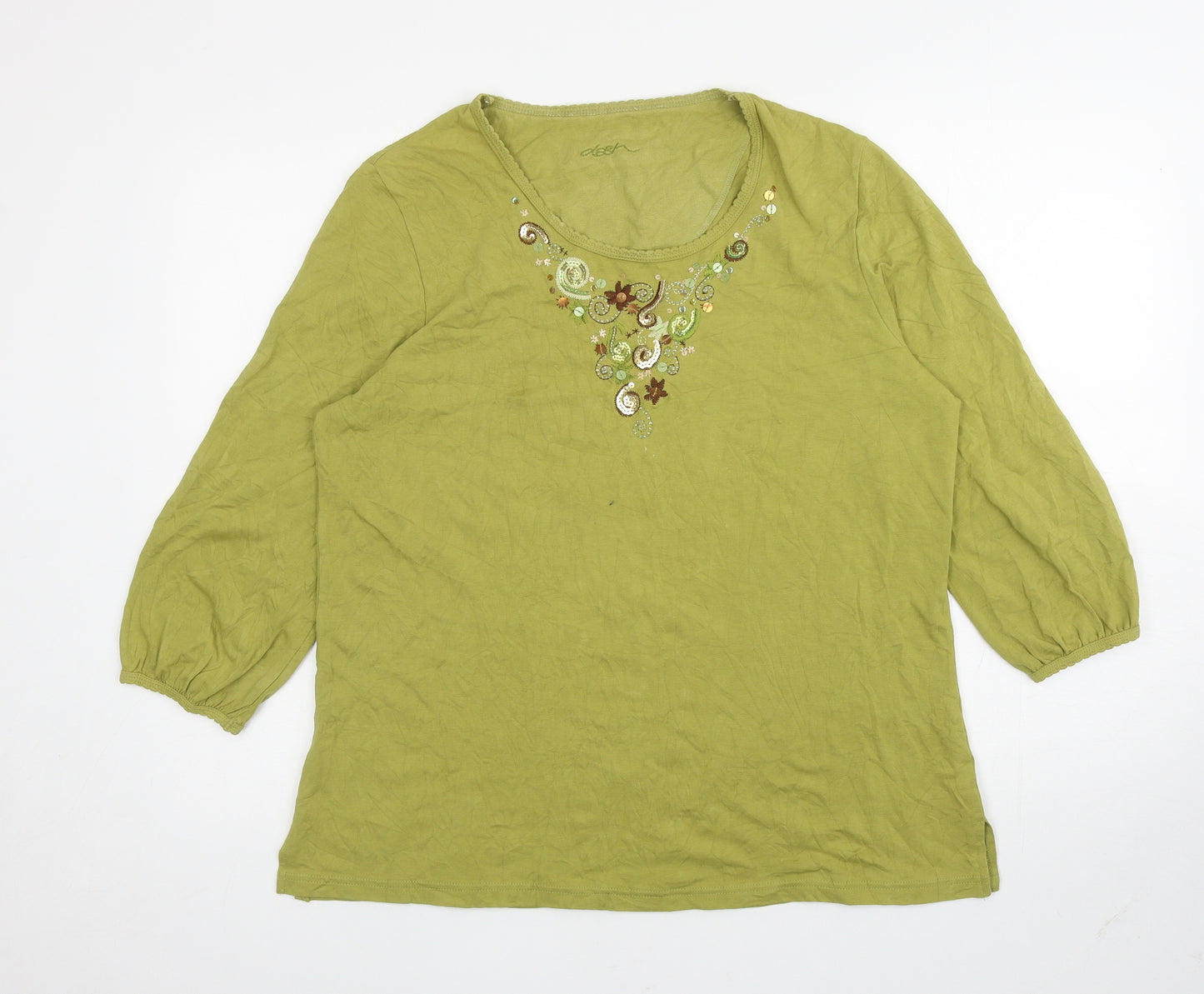 DASH Womens Green Cotton Basic T-Shirt Size 18 Scoop Neck - Embellished Neckline