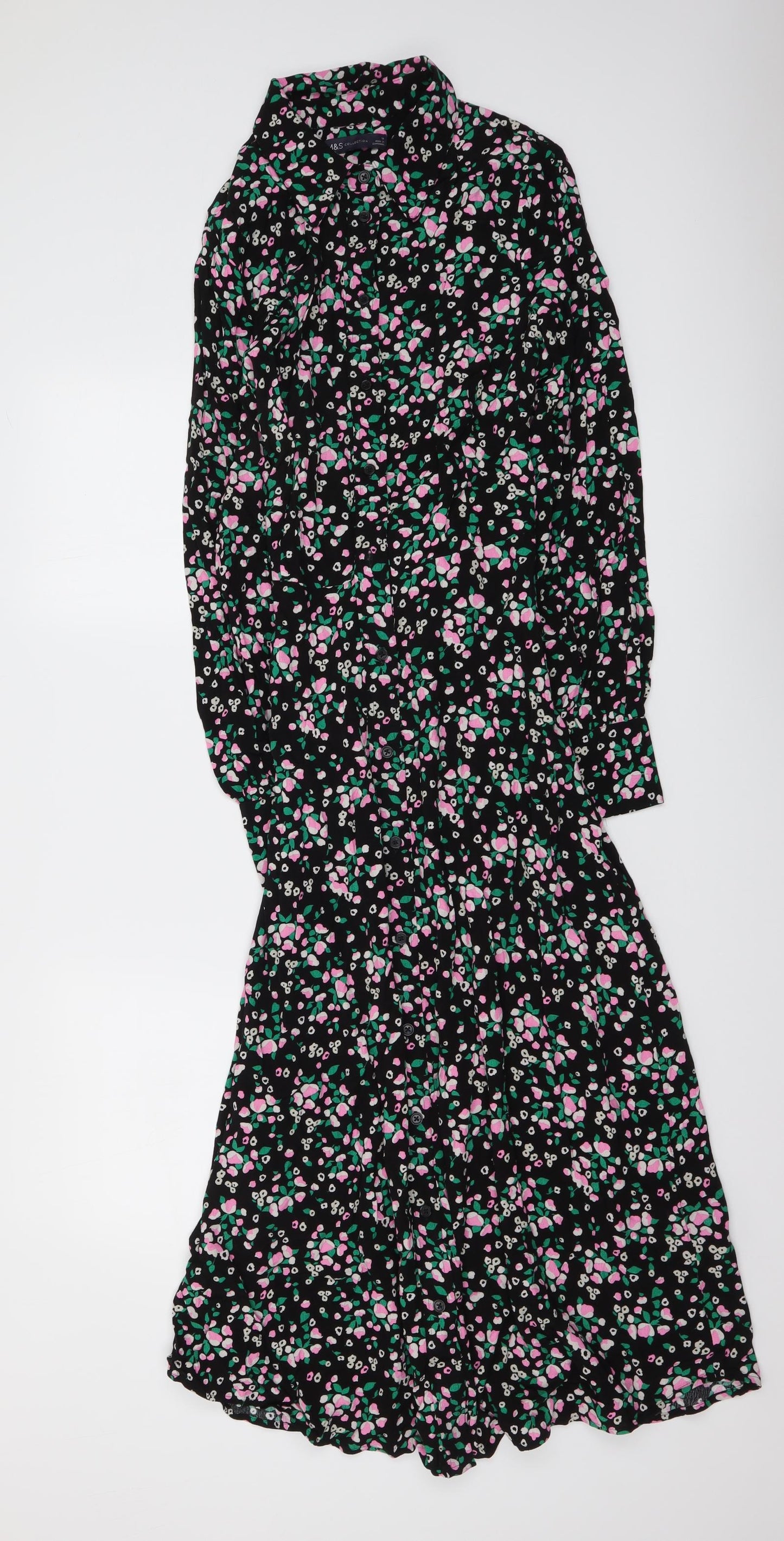 Marks and Spencer Womens Black Floral Viscose Shirt Dress Size 10 Collared Button