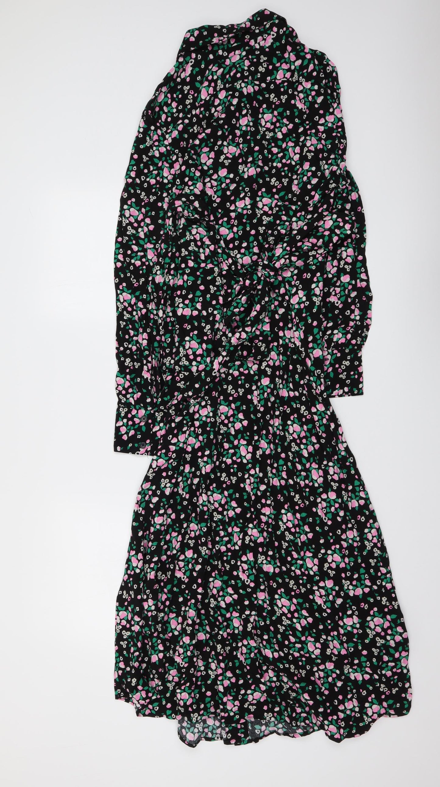 Marks and Spencer Womens Black Floral Viscose Shirt Dress Size 10 Collared Button