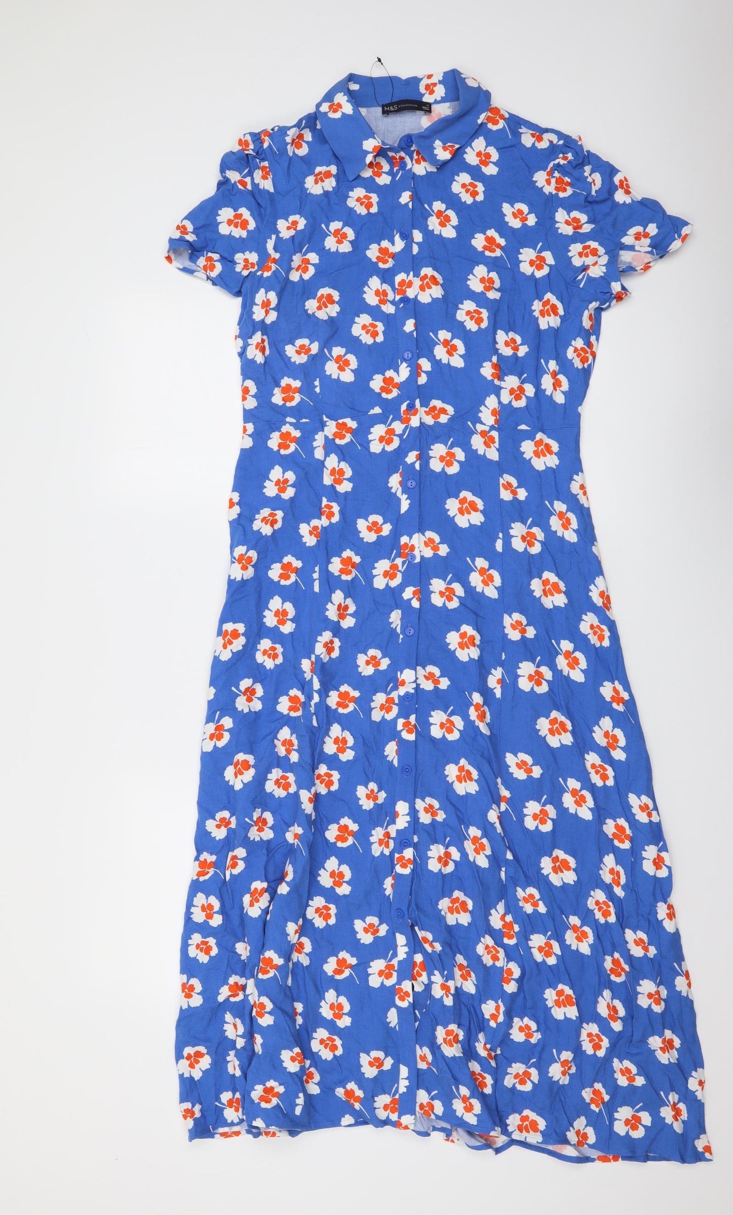 Marks and Spencer Womens Blue Floral Viscose Shirt Dress Size 10 Collared Button