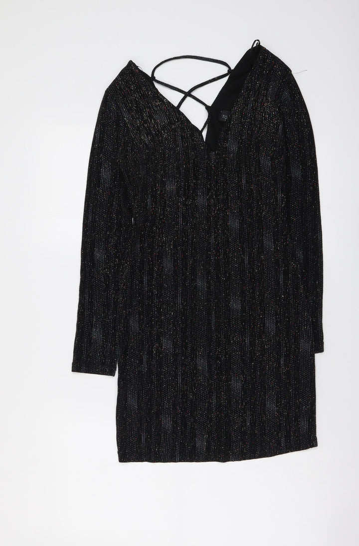 Topshop Womens Black Polyester Mini Size 8 V-Neck Pullover